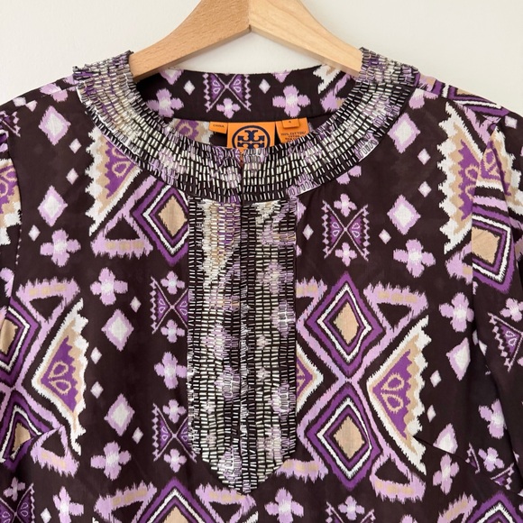 Tory Burch Purple & Brown Beaded Abstract Ikat Midi Kaftan Tunic, Size 6, EUC - Picture 3 of 12